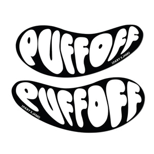 Black and white 'PUFF OFF' text design with Inkey X Jamo branding on a white background