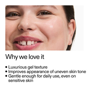 Close-up of a woman's face with text highlighting product features in Fulvic Acid Cleanser  on a white background
