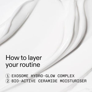 Text overlay on a white background with product names and steps for layering a routine.