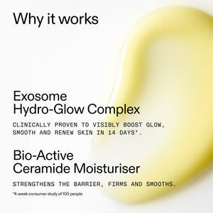 Exosome Hydro-Glow Complex and Bio-Active Ceramide Moisturiser with a close-up of a yellow cream.
