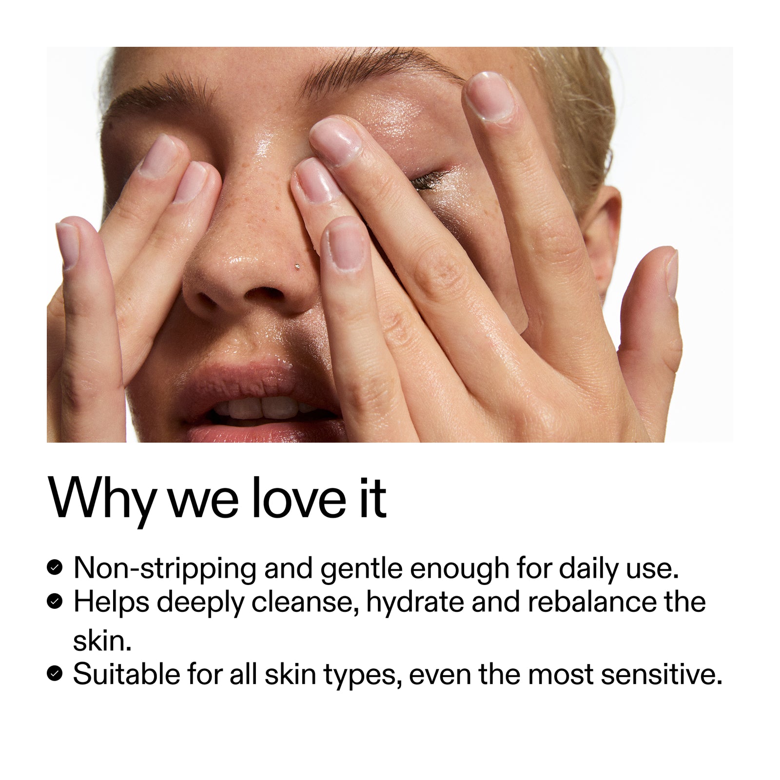 Model using Glycerin Cleanser with text about skincare product benefits