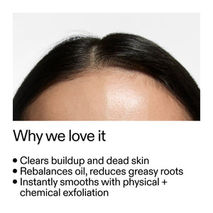 Close-up of a person's scalp with text highlighting Glycolic Acid Exfoliating Scalp Scrub benefits.
