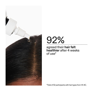 Glycolic Acid Exfoliating Scalp Scrub being applied to hair with text indicating 92% of users found their hair healthier after 4 weeks.