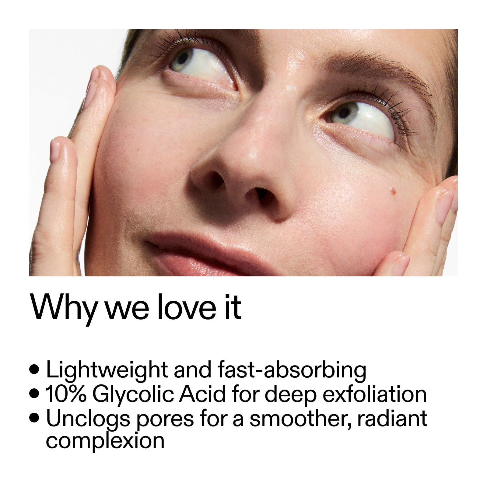 Close-up of a person's face with text about Glycolic Acid Toner product benefits.