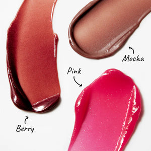 Close-up of lip color shades labeled 'Berry', 'Pink', and 'Mocha' on a white background.
