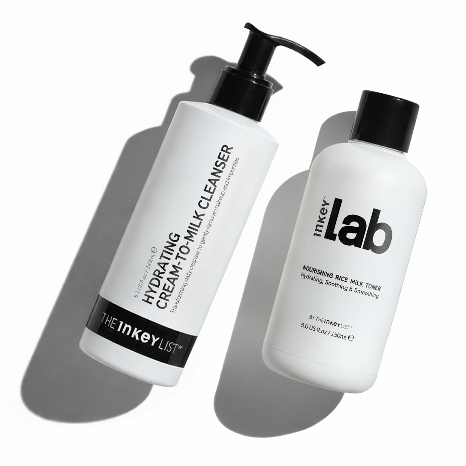 Two skincare bottles from The Inkey List and Inkylab on a white background
