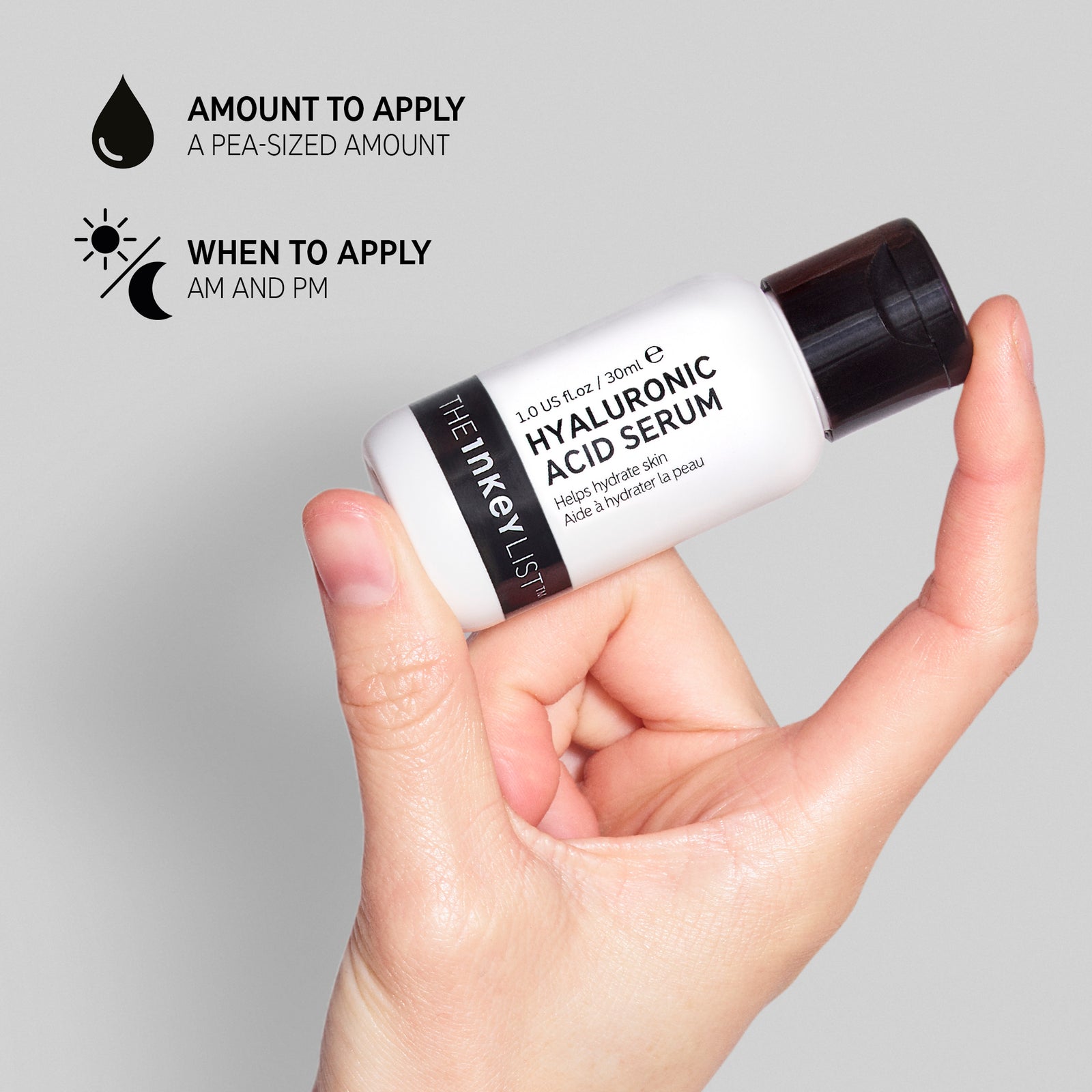 Instructions on how to use Hyaluronic Acid Serum: Apply pea-sized amount AM & PM 