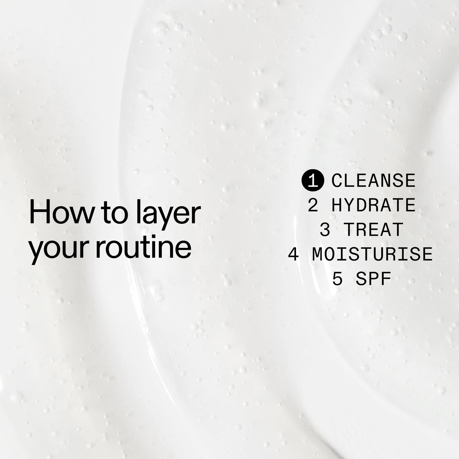 Text overlay on a close-up of skincare product with steps for layering Hyaluronic Acid Cleanser in  a routine.