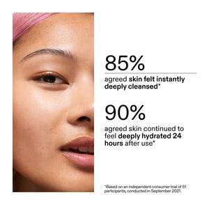 Advertisement showing a close-up of a person's face , featuring statistics on skin cleansing and hydration after using Hyaluronic Acid Cleanser