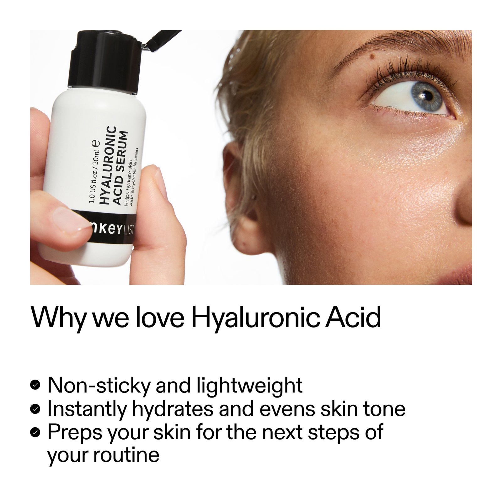 Model holding Hyaluronic Acid Serum and key benefits of the serum