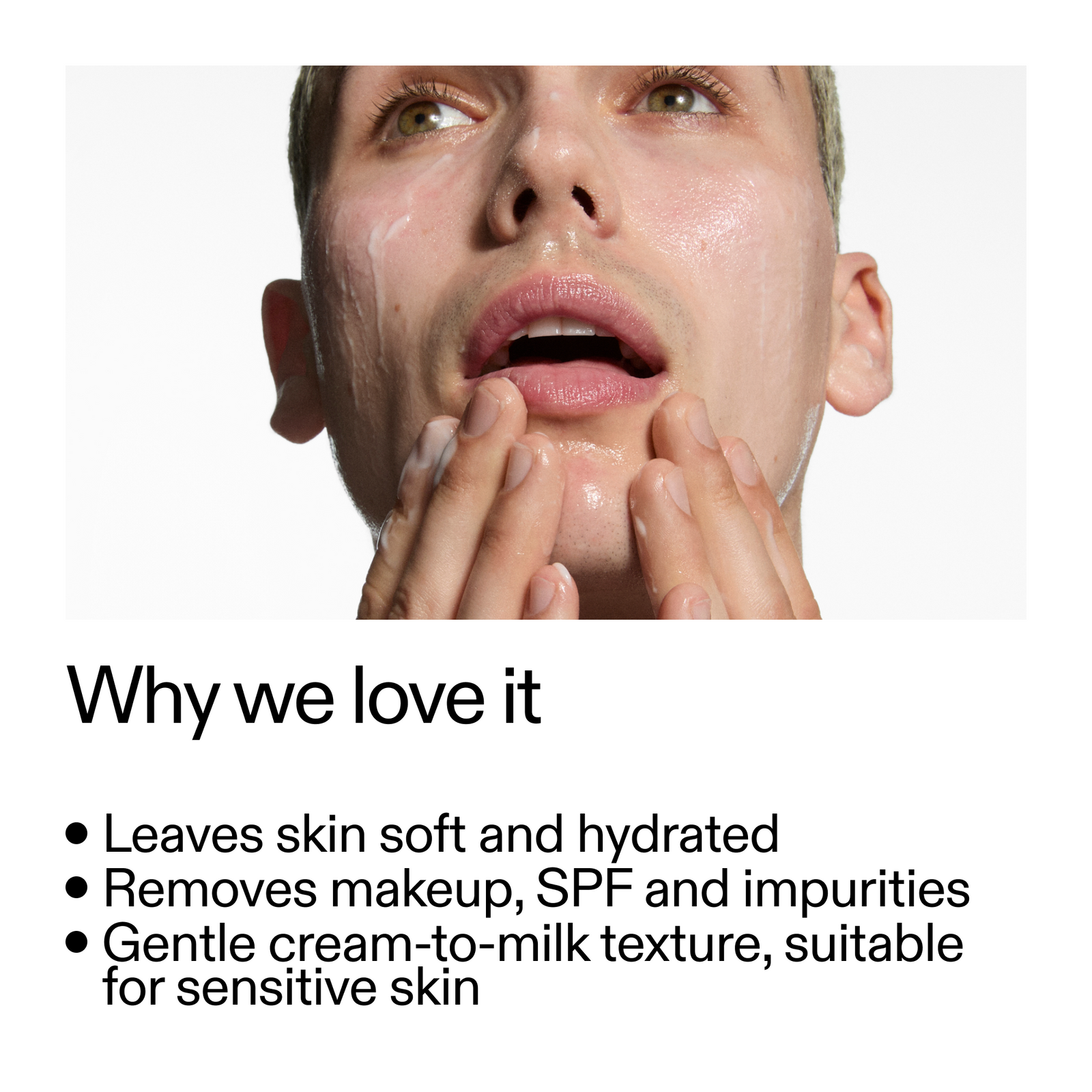 Person applying cream to face with text about product benefits