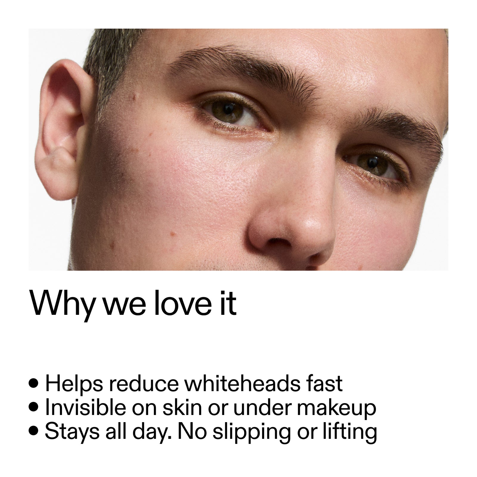 Close-up of a person's face with text highlighting product benefits on a white background