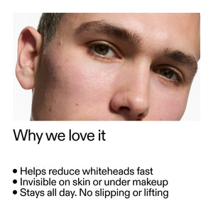 Close-up of a person's face with text highlighting product benefits on a white background