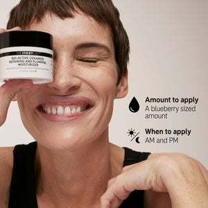 Model holding Bio-Active Ceramide Repairing and Plumping Moisturizer. Text reads: 