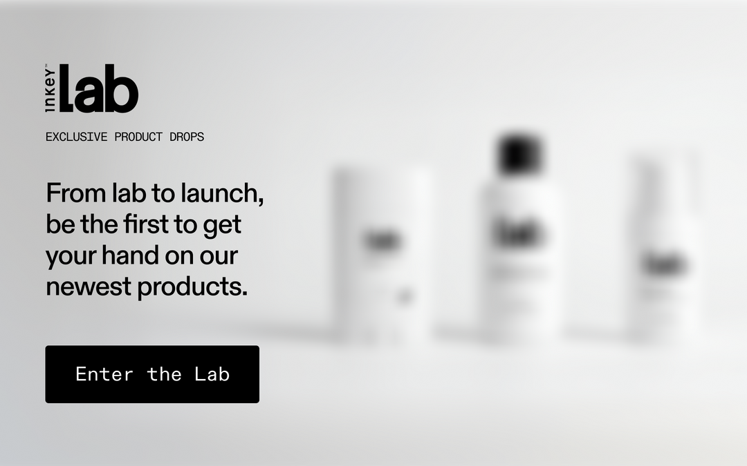Promotional graphic for Inkey Lab's exclusive product drops with a blurred background.