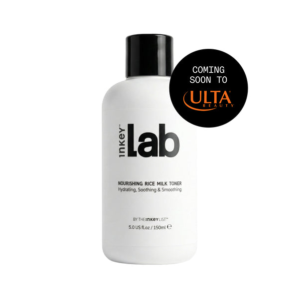 A white bottle of inkey Lab Nourishing Rice Milk Toner with a black cap, shown on a white background with a black 'Coming Soon to ULTA Beauty' badge on the top right.
