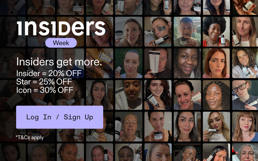 Promotional graphic for an 'Insiders Week' subscription or membership, featuring a grid of small portrait photos of people holding skincare products, with text offering discounts and a purple 'Log In / Sign Up' button.