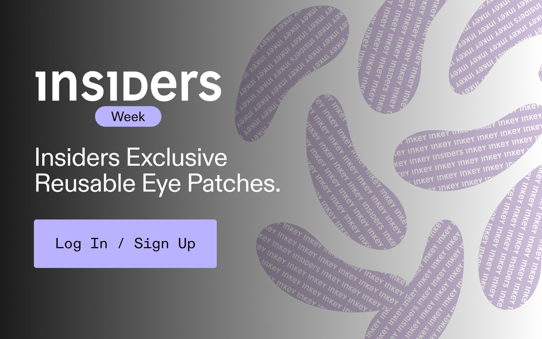 Promotional graphic for 'Insiders Week' featuring reusable eye patches. The left side has a dark gray background with white text reading 'insiders Week' and 'Insiders Exclusive Reusable Eye Patches.