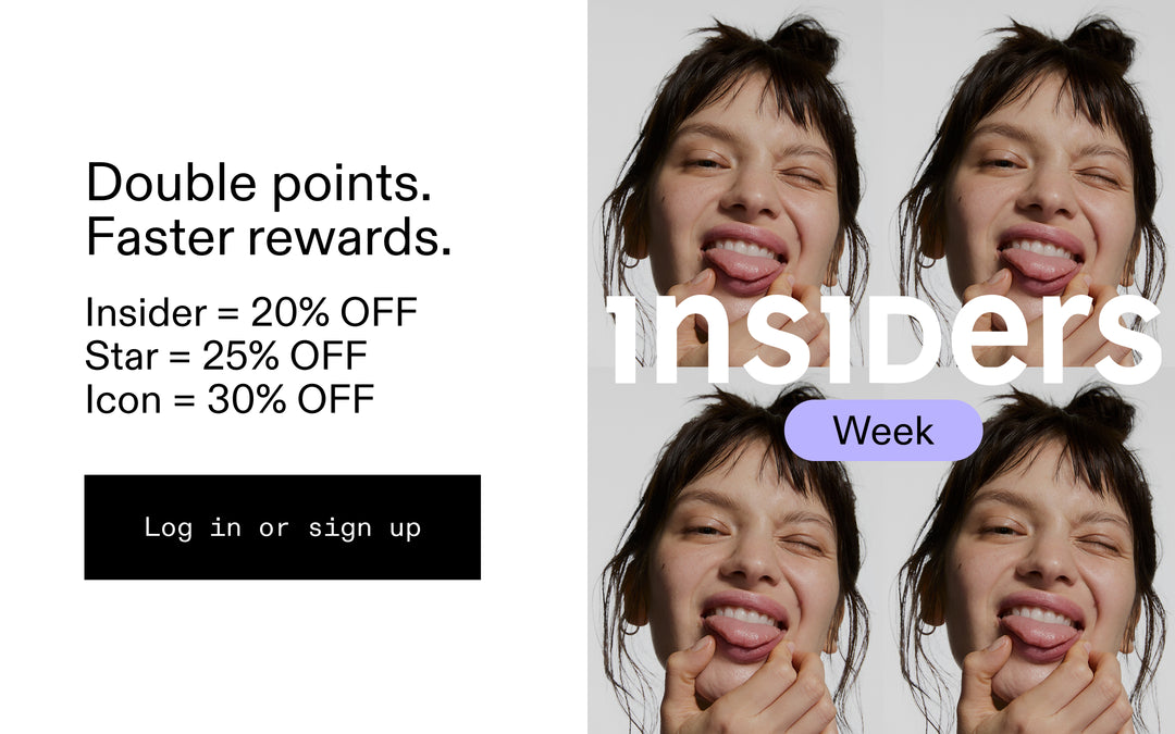 Promotional graphic with a woman's face and text about rewards and discounts, featuring the word 'insiders'.