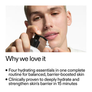 Person using a skincare product with text about hydration benefits on a white background