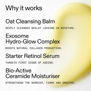 Skincare product with text detailing its benefits on a white background