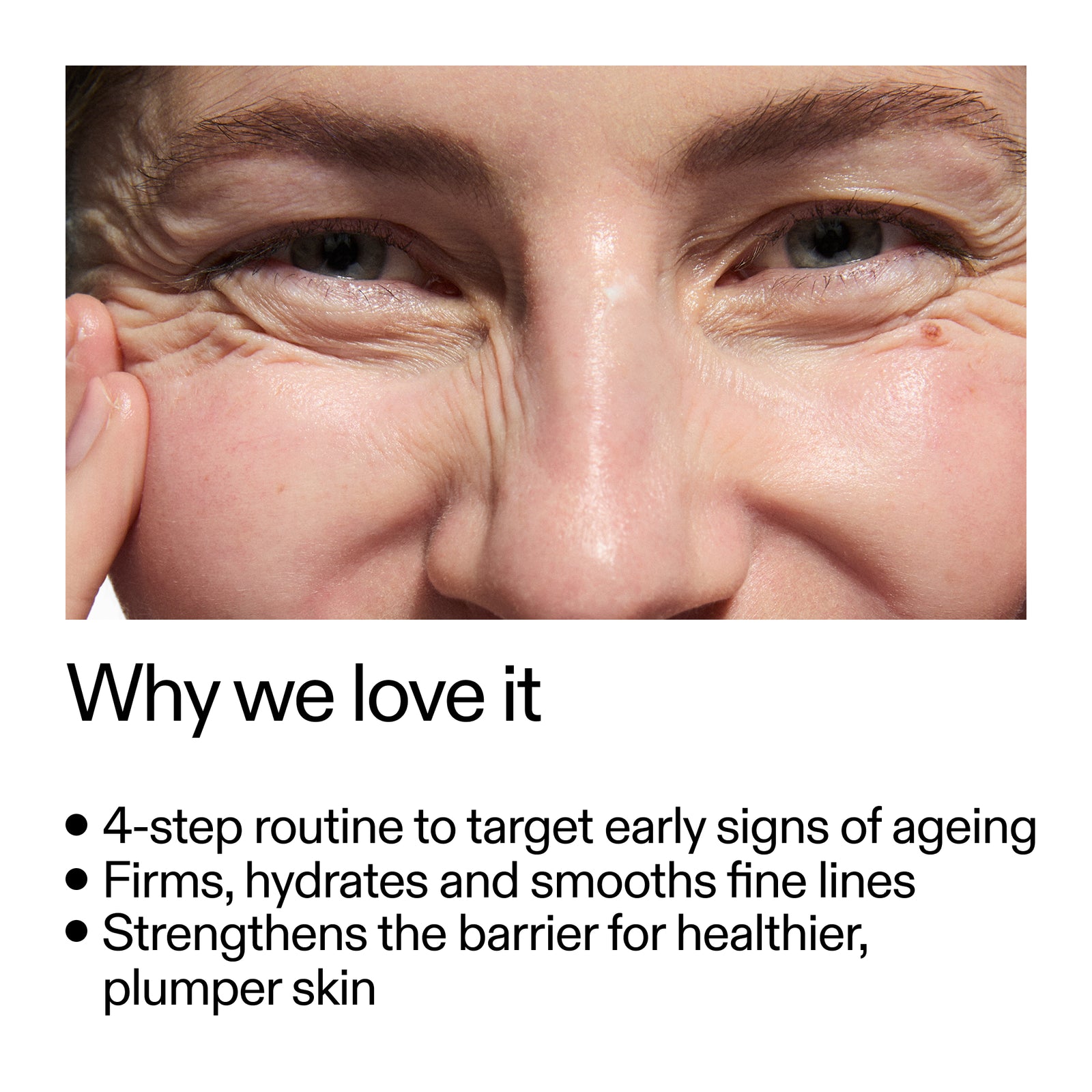 Close-up of a person's eye with text about a skincare routine targeting early signs of aging.