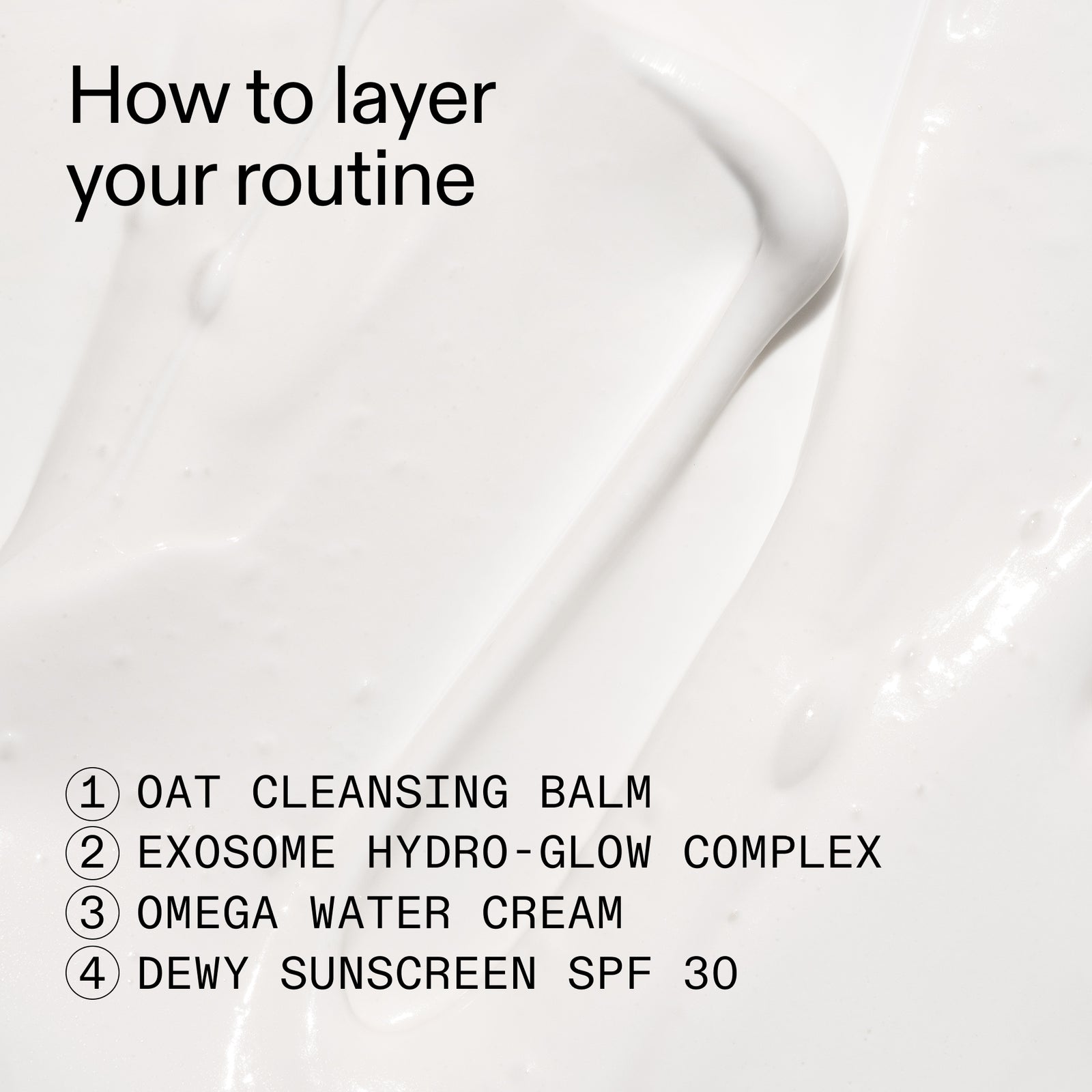 Step-by-step skincare routine with product names on a white background