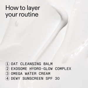 Step-by-step skincare routine with product names on a white background