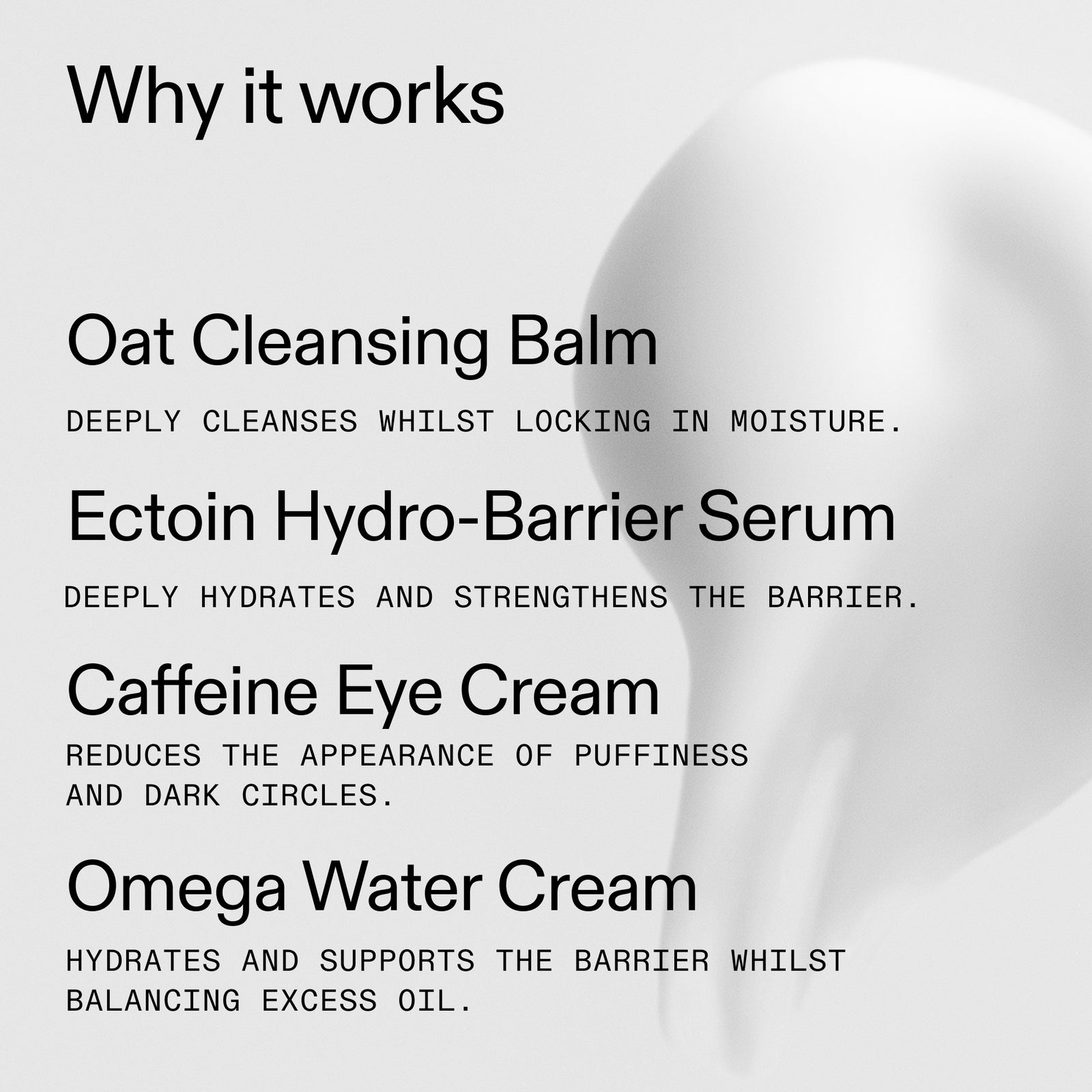 List of skincare products with their benefits on a white background