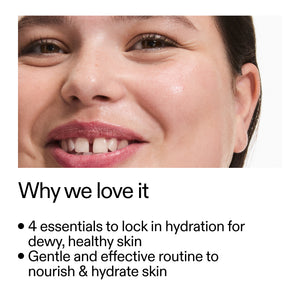 Close-up of a woman's face with text about skincare routine on a white background