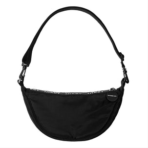 Black shoulder bag with visible brand logo on a white background