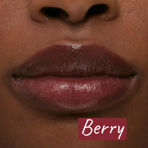 Model wearing the Berry Tripeptide Lip Balm with annotation 'Berry'