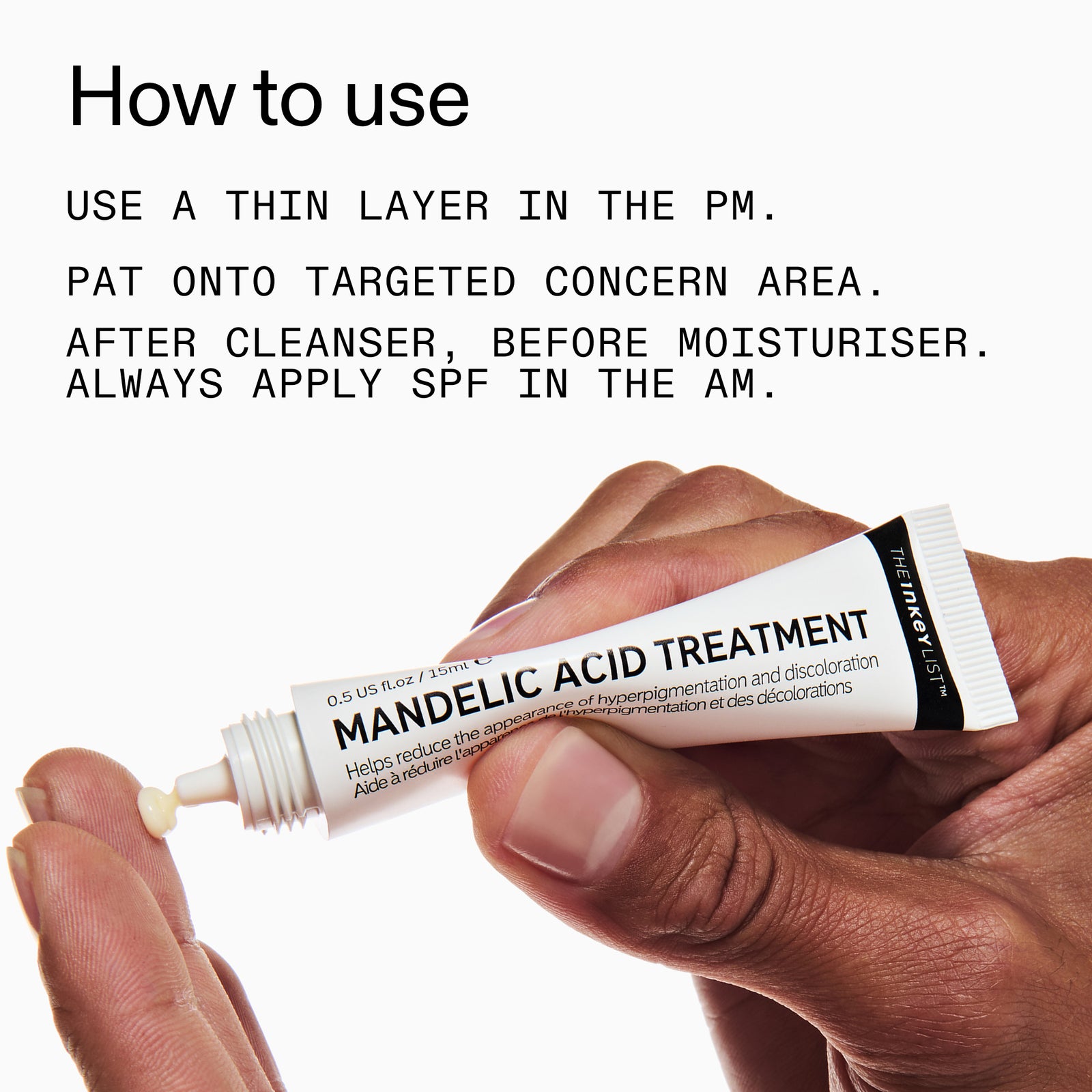 Hand holding a tube of mandelic acid treatment with application instructions.