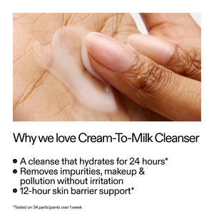 Hand applying cream to skin with text about Cream-To-Milk Cleanser benefits