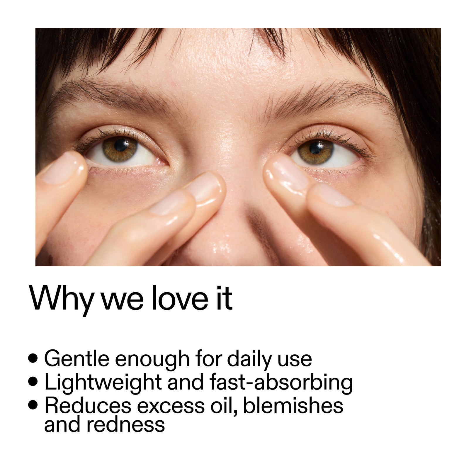 Close-up of a person applying a product to their eye with text highlighting Niacinamide Serum benefits.