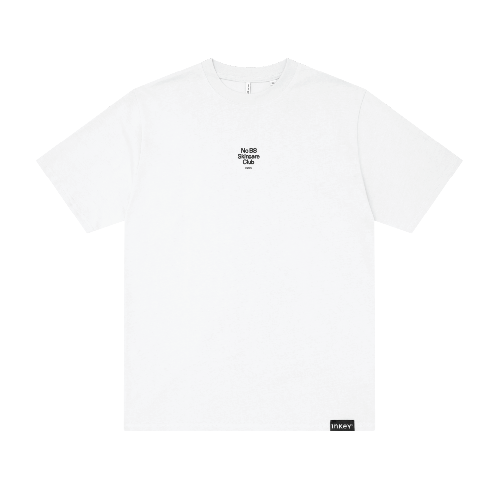 White t-shirt with black text and logo on a white background
