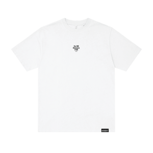 White t-shirt with black text and logo on a white background