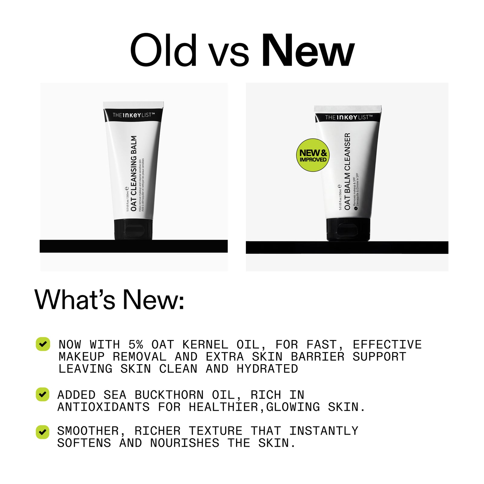 Comparison of 'The Inkey List' Oat Cleansing Balm with text highlighting new features.