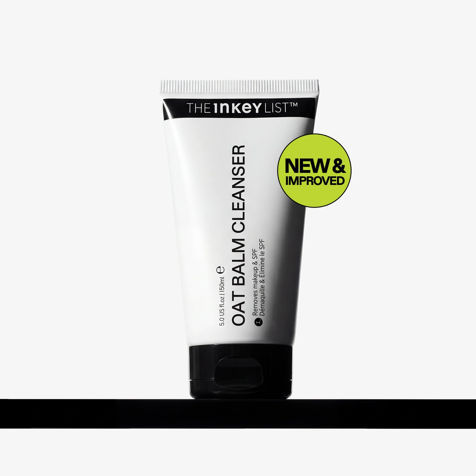 Tube of The Inkey List Oat Balm Cleanser with 'New & Improved' label on a white background