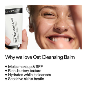 Model holding Oat Cleansing Balm and key benefits