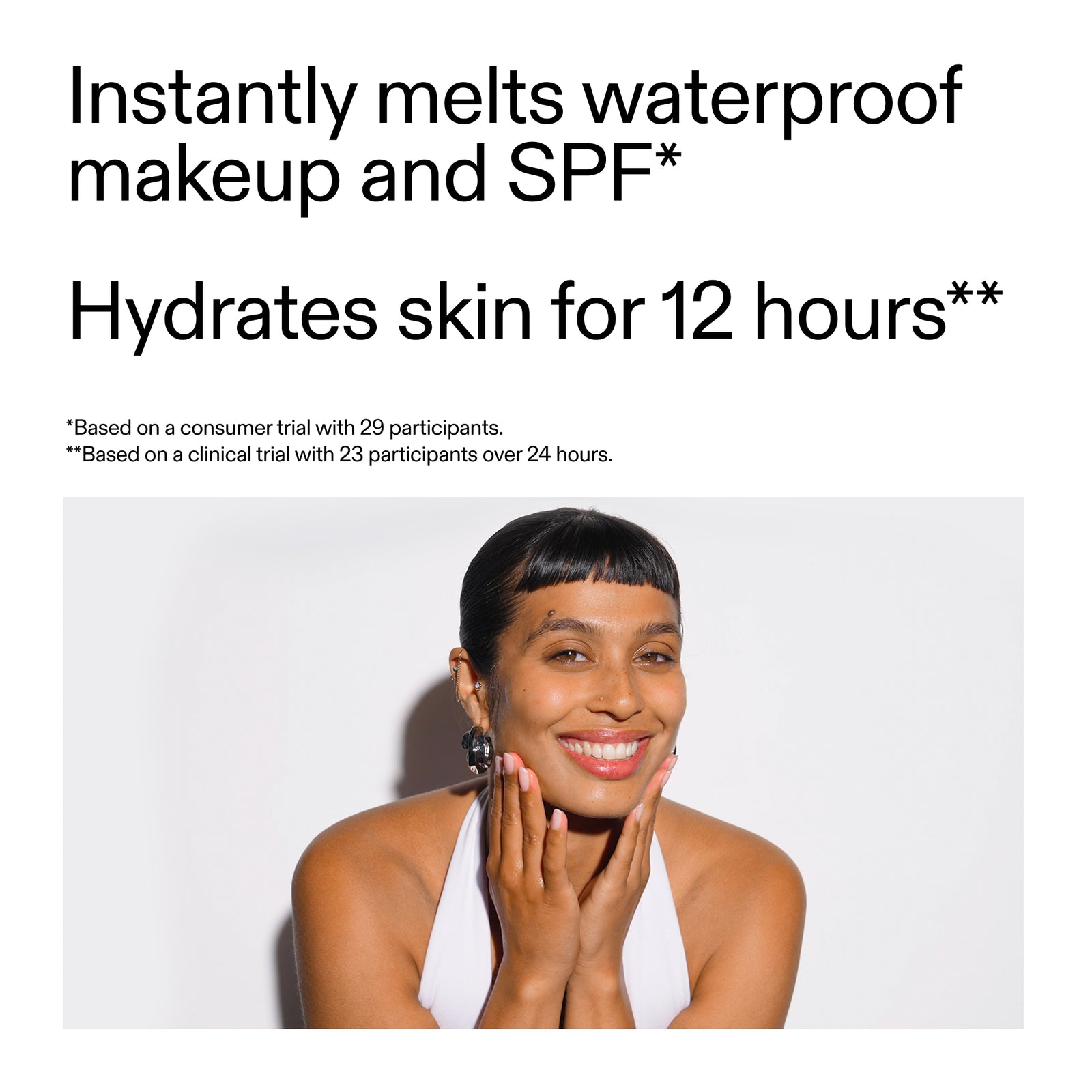Woman with a smile on her face against a white background with text about skincare product benefits.