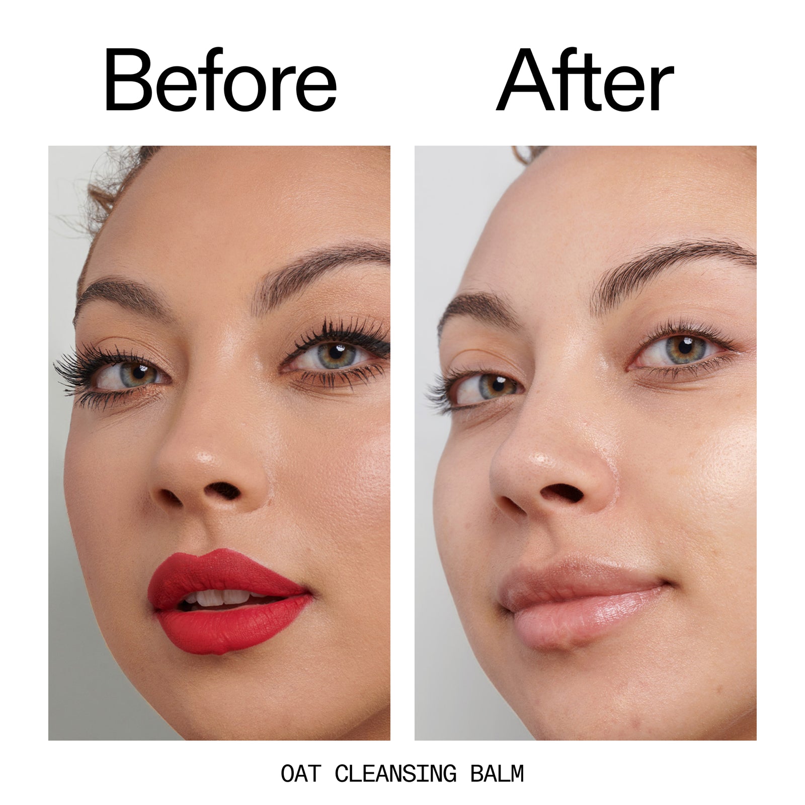 Before and after of customer using Oat Cleansing Balm to remove her makeup