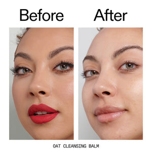 Before and after of customer using Oat Cleansing Balm to remove her makeup