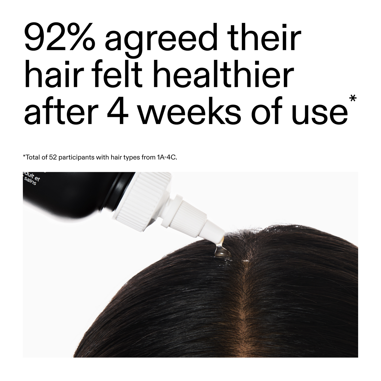 Hair care product being applied to hair with text about hair health improvement after use.