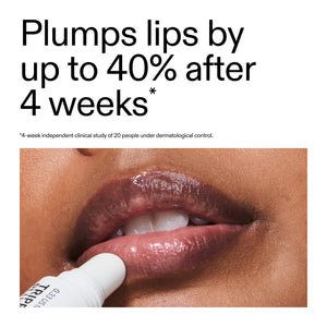 Tripeptide Plumping Mocha Brown Lip Balm being applied to lips with text claiming plumping effects.