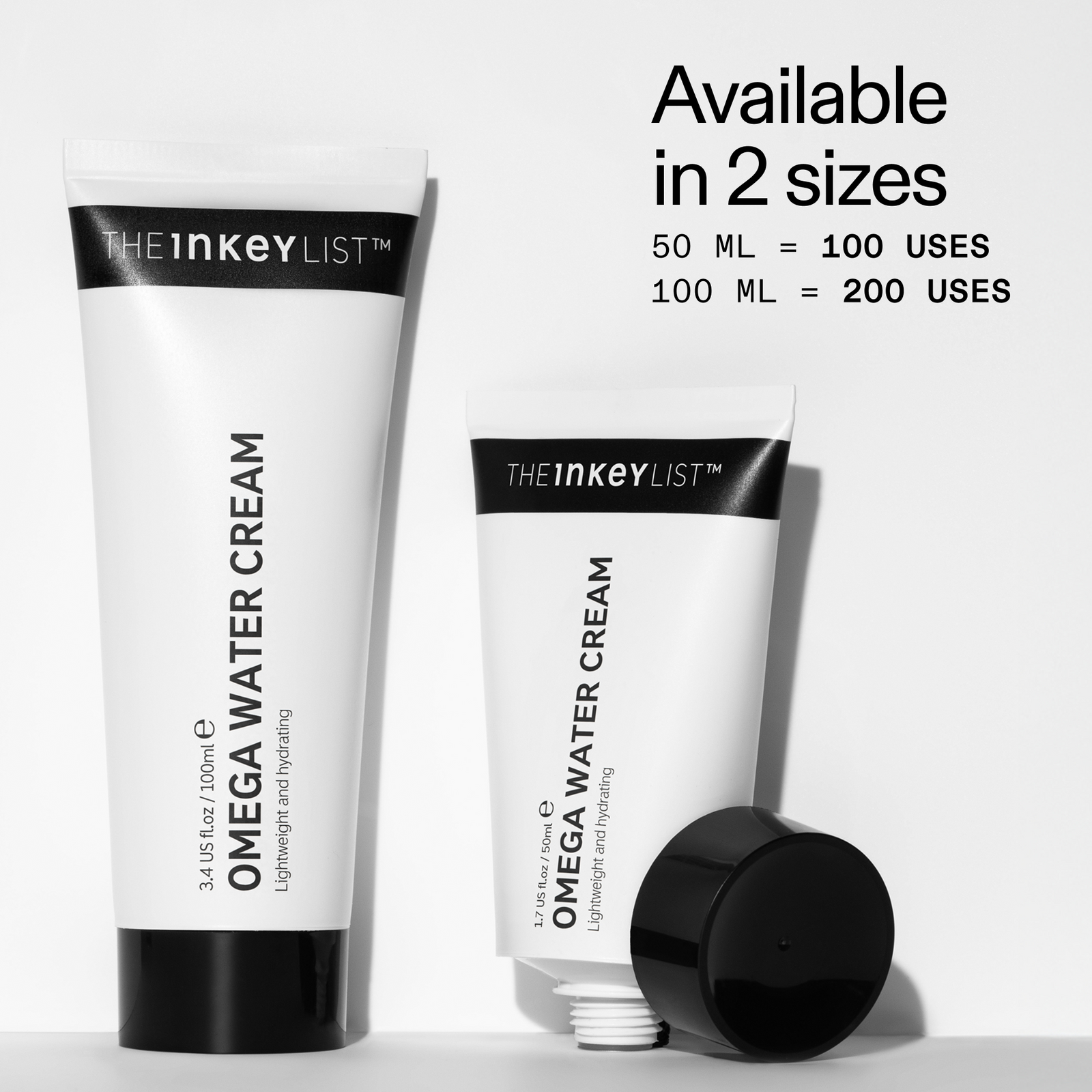 Size information of the two Omega Water Cream bottles