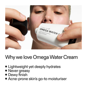 Omega Water Cream being applied to a person's face with text highlighting its benefits.