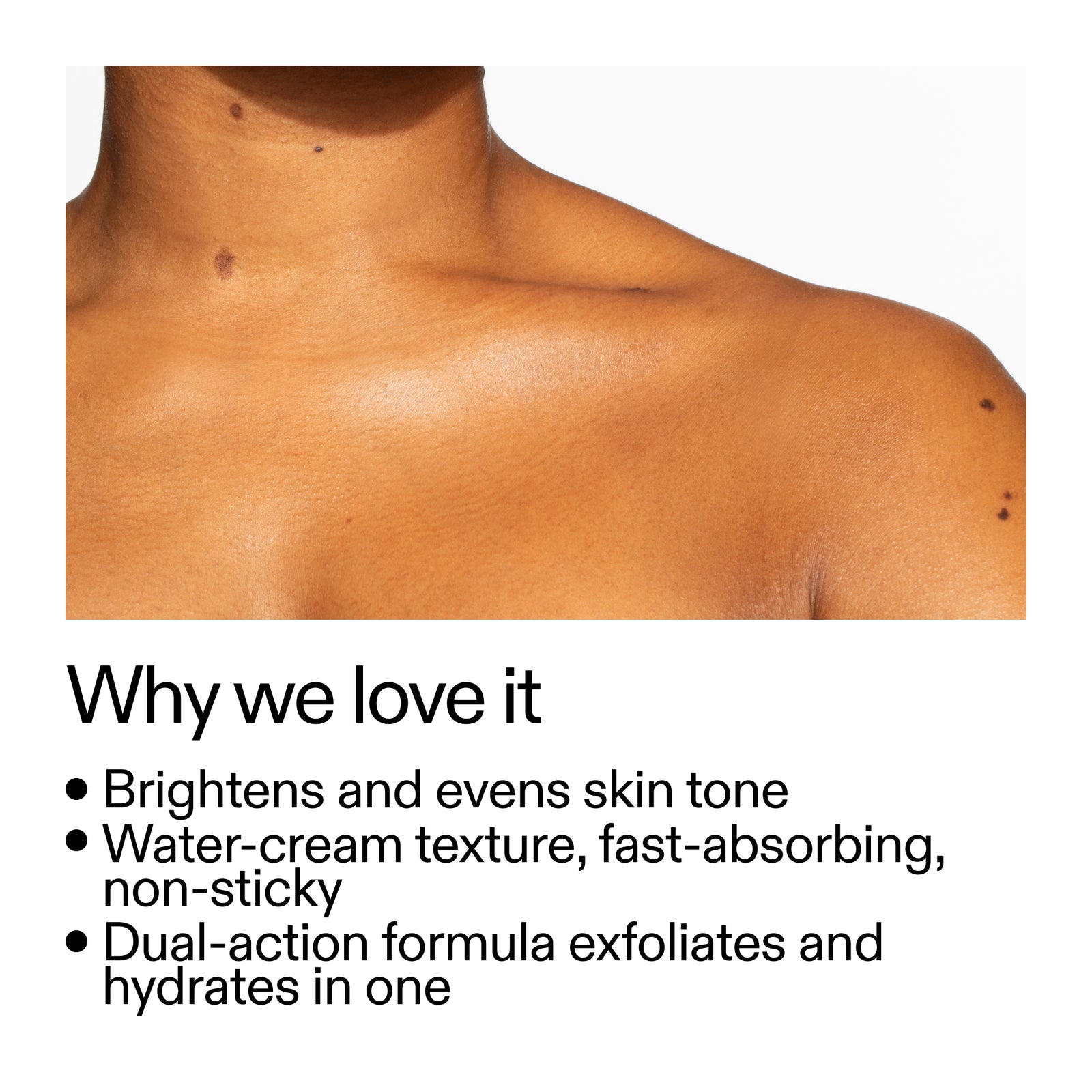 Close-up of skin with text highlighting PHA Body Water Cream benefits