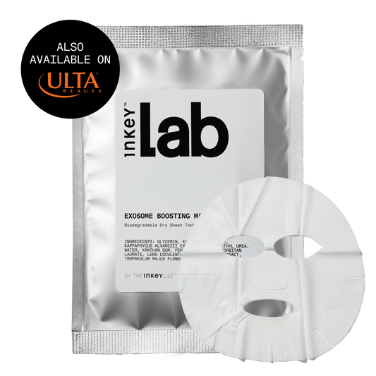 Inkey Lab Exosome Boosting Mask sheet shown in front of its metallic silver pouch packaging, with a black circular badge in the top-left corner reading 'ALSO AVAILABLE ON ULTA BEYOND'.