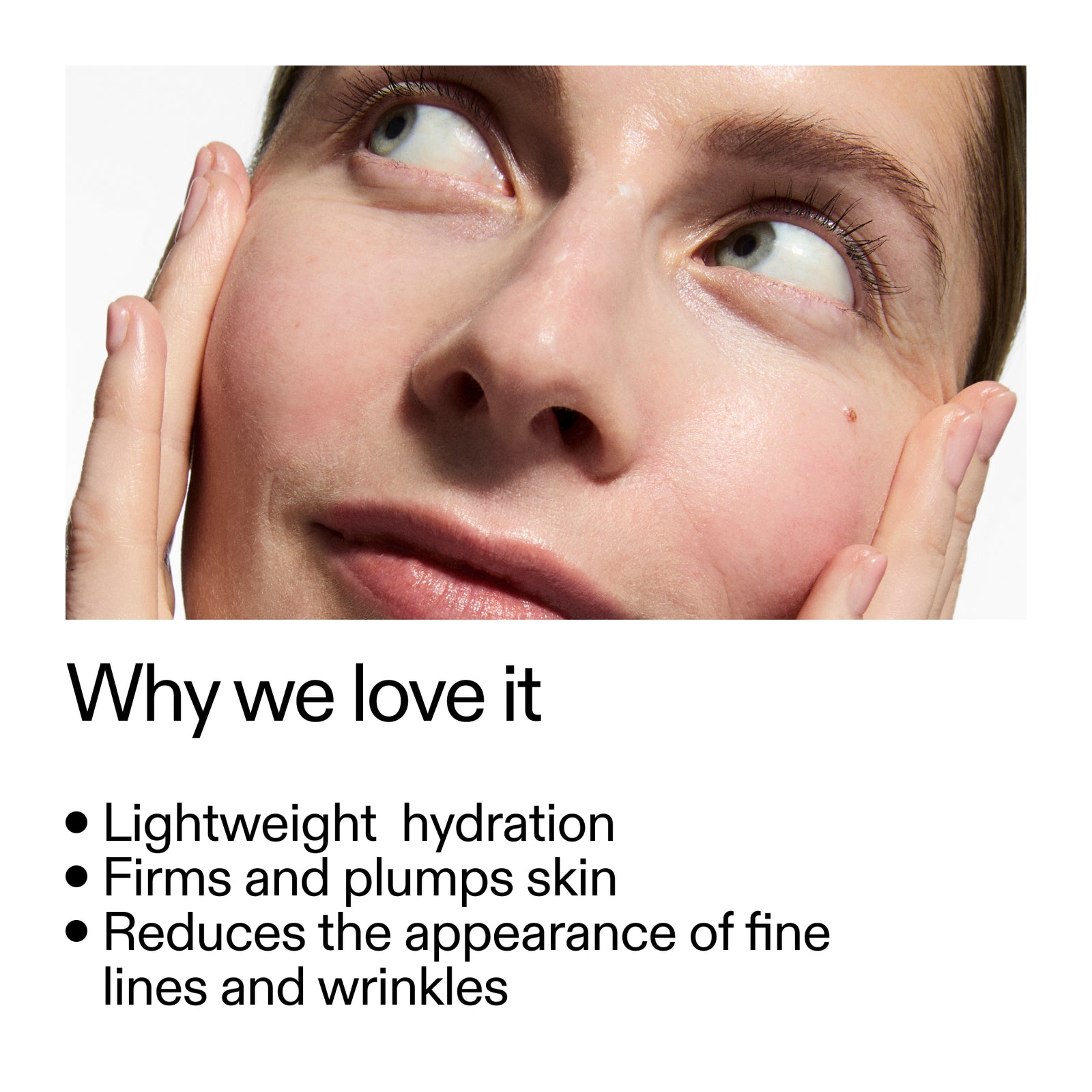 Close-up of a person's face with text highlighting skincare benefits in Peptide Moisturizer